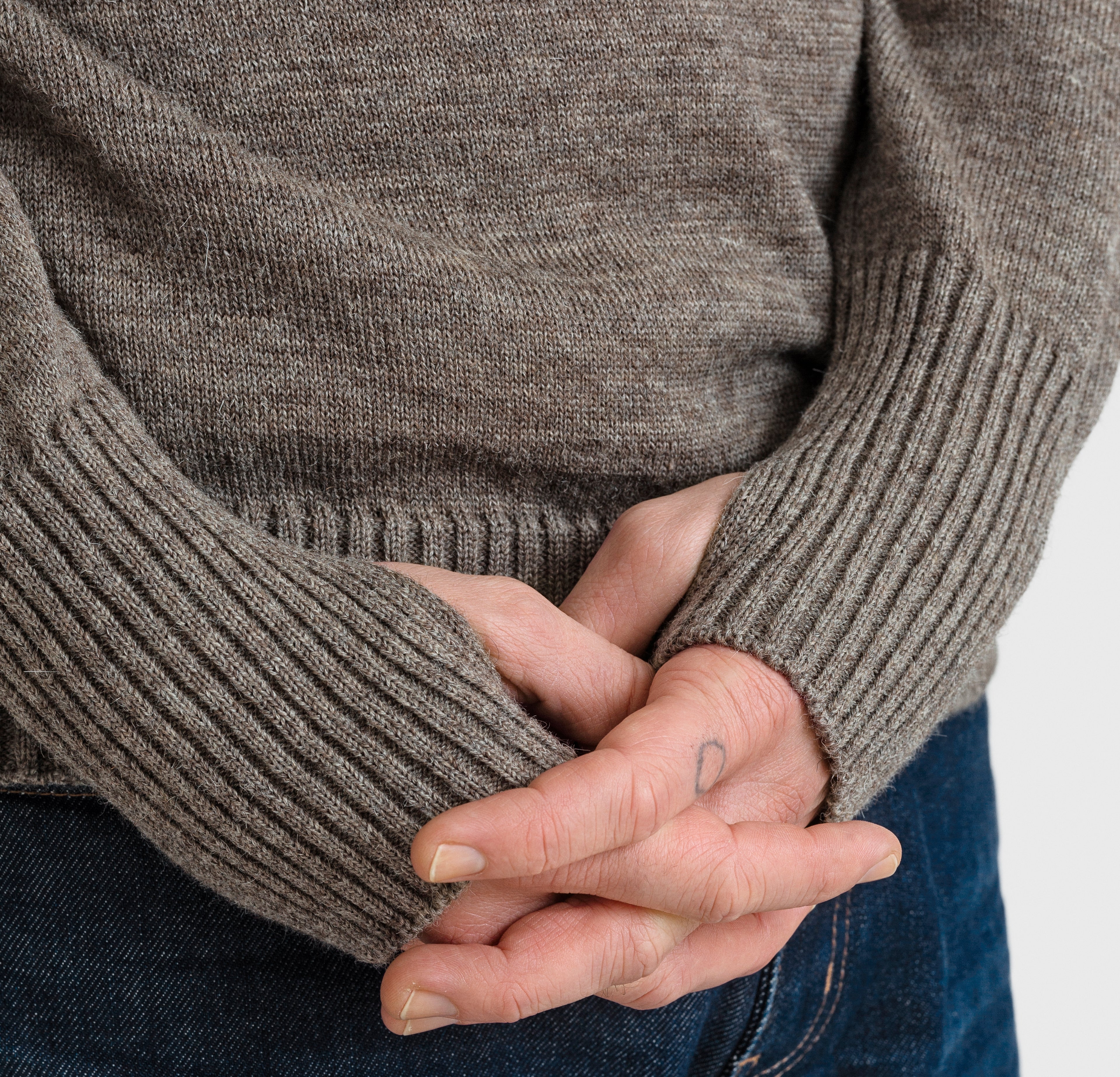 Cuff and thumbhole details on Seaman Crewneck in Natural Taupe